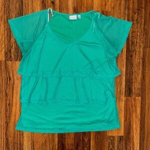 Kim Rogers Womens XL Green Tiered Ruffle Mesh Sleeve V-Neck Blouse Top